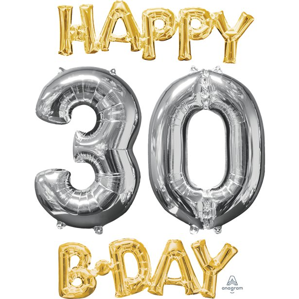 Billede af 30 År Tal Ballon Guld/Sølv Happy Birthday