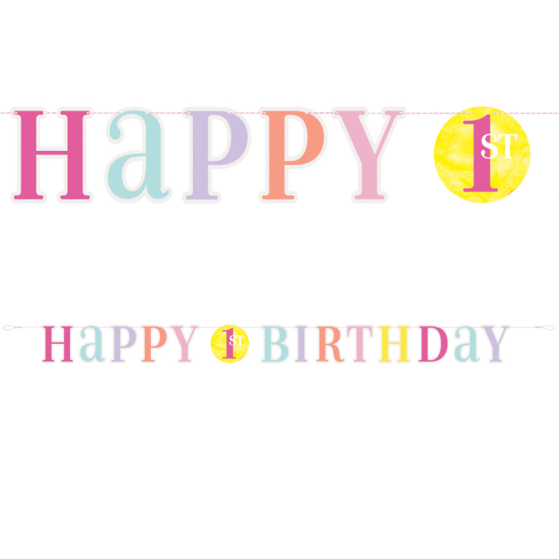 Billede af Fødselsdagsguirlande med lyserøde balloner, 1 års fødselsdag