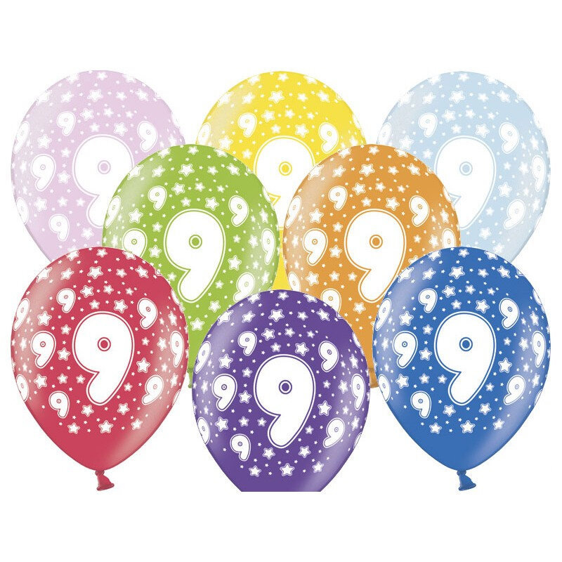 Blandet Metallic Balloner 9 års fødselsdag, 30 cm - 6 stk.