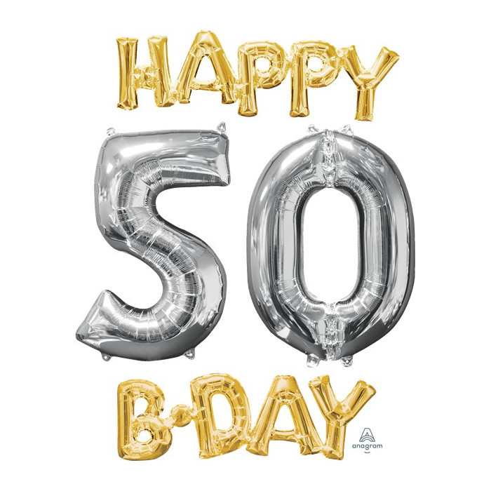 Billede af 50 År Happy Birthday Tal Ballon Guld/Sølv