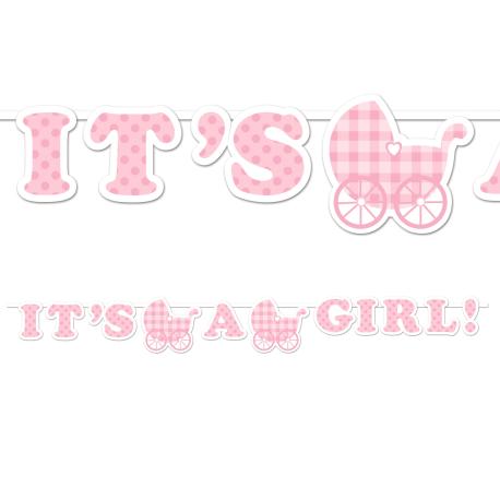 Lyserød guirlande med teksten "It's a girl"