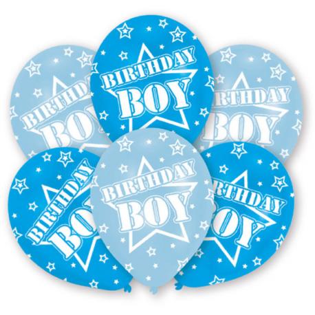 Blå fødselsdagsballoner med teksten Birthday Boy, 6 stk.