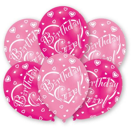 Lyserøde balloner med teksten Birthday Girl, 6 stk.