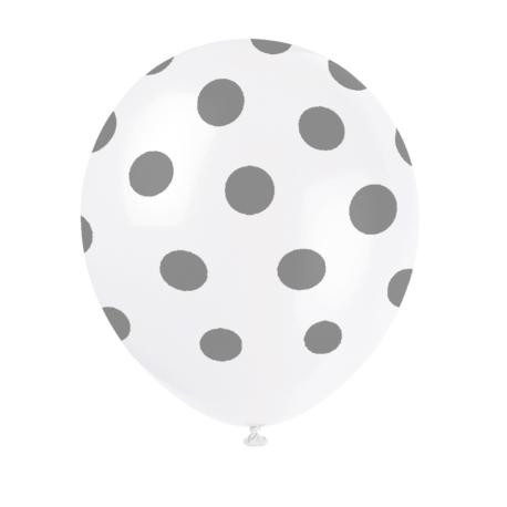 Hvid ballon med sølvprikker, 6 stk.