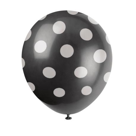 Sort ballon med hvide prikker, 6 stk.