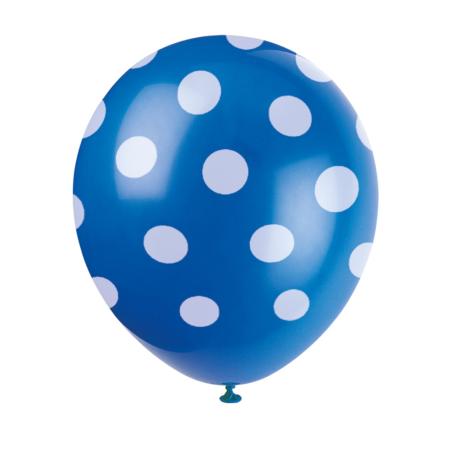 Blå ballon med hvide prikker, 6 stk.